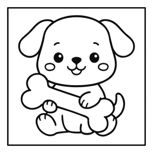 Página para colorear de un perro kawaii con un hueso grande, ideal para niños y gratis para imprimir