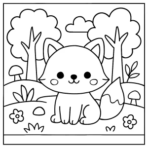Página para colorear de un zorro kawaii en el bosque, imprimible y gratuita para niños