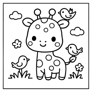Jirafa kawaii con pajaritos página para colorear gratis para niños