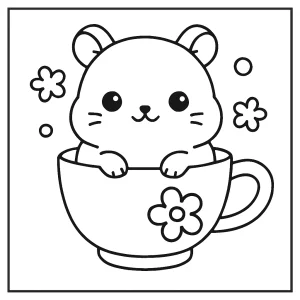 Página para colorear de un hámster kawaii dentro de una taza, ideal para imprimir y pintar