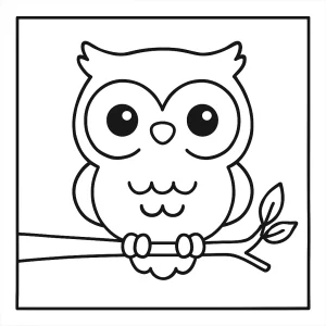 Página para colorear de un búho kawaii sentado en una rama, diseño imprimible para niños