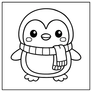 Página para colorear de un pingüino kawaii con bufanda, perfecta para imprimir y pintar gratis.