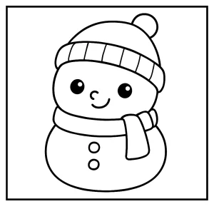 Página para colorear de un muñeco de nieve kawaii con sombrero para imprimir y colorear gratis
