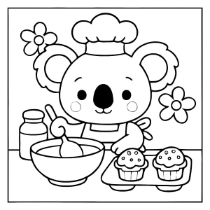 page de coloriage koala pâtissier préparant des cupcakes à imprimer gratuitement