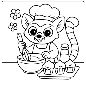 page de coloriage d'un lémur mignon qui prépare des cupcakes dans sa cuisine