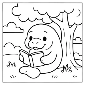 Página para colorear de manatí tierno leyendo un libro bajo un árbol