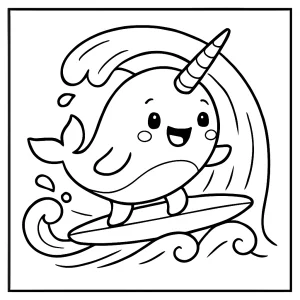 Página para colorear de un narval adorable surfeando una ola, ideal para imprimir y colorear gratis.