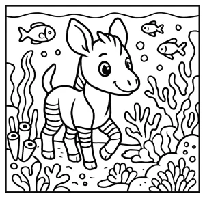 Página para colorear de un okapi adorable explorando un arrecife de coral con peces y plantas marinas