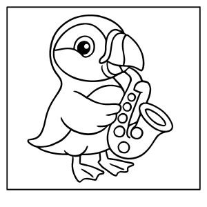 Página para colorear de un frailecillo tierno tocando saxofón, perfecta para imprimir y colorear.