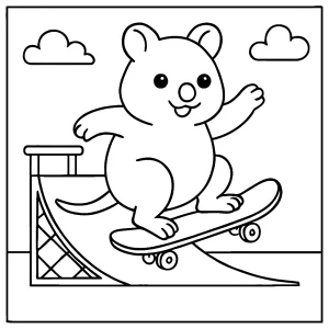 Página para colorear de un quokka adorable deslizándose en una rampa de skate, ideal para imprimir y colorear gratis.