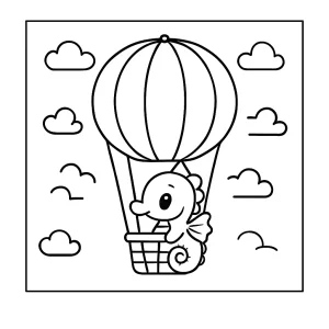 page de coloriage d’un hippocampe mignon volant dans une montgolfière au-dessus de la mer