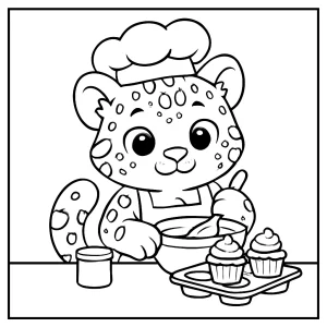 página para colorear de un leopardo de las nieves preparando cupcakes en la cocina, gratis para imprimir