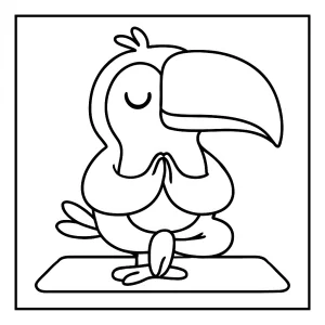 Página para colorear de tucán practicando yoga, ideal para imprimir y que los niños coloreen