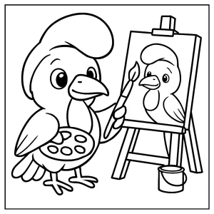 página para colorear de un umbrellabird pintando un autorretrato