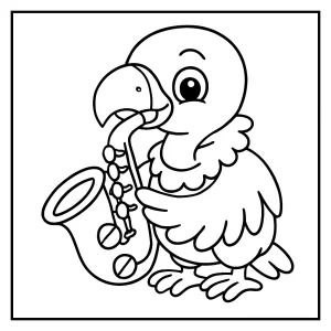 Página para colorear de un buitre tierno tocando un saxofón, ideal para niños