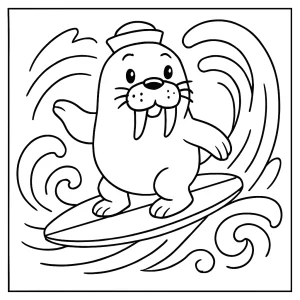 page de coloriage morse mignon surfant sur une vague à imprimer gratuitement