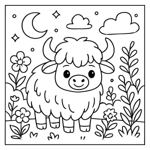 Página para colorear de un yak adorable en un jardín iluminado por la luna para imprimir gratis