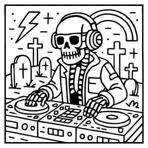 DJ esqueleto cyberpunk mezclando techno en cementerio neón, página para colorear gratis