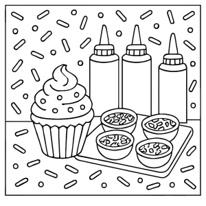 Page de coloriage gratuite d’un atelier de décoration de cupcakes avec explosion de confettis