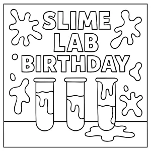 Página para colorear de un laboratorio de slime DIY con tubos de ensayo y salpicaduras, ideal para fiestas de cumpleaños infantiles.