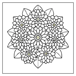página para colorear de mandala con dalias, imprimible gratis para niños y adultos