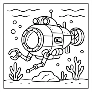 Página para colorear de un sumergible de investigación en el mar profundo, ideal para niños.
