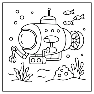Página para colorear de un sumergible de investigación en el mar profundo para imprimir gratis