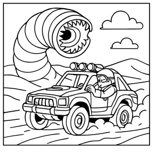 Página para colorear de piloto de rally esquivando un gusano de arena en el desierto, lista para imprimir gratis