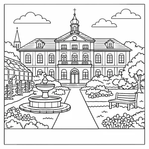 Mendel Museum Brno historic garden coloring page with detailed line art for free printable fun