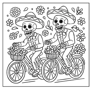 Página para colorear de mariachis esqueletos en bicicletas con cestas de flores para el Día de los Muertos