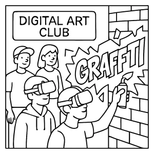 Página para colorear de niños pintando graffiti digital en una pared virtual con cascos de realidad virtual