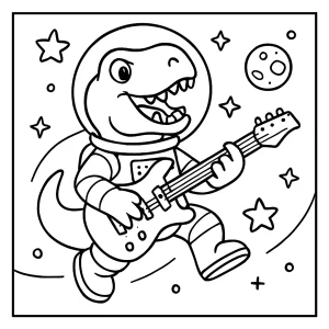 Página para colorear de dinosaurio astronauta tocando guitarra eléctrica en el espacio