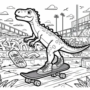 Skateboarding Dinosaur in Urban Park. A cool dinos página para colorear