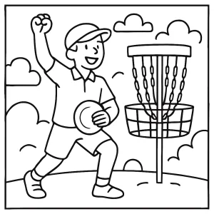 Página para colorear de atleta de disc golf celebrando victoria, para imprimir gratis