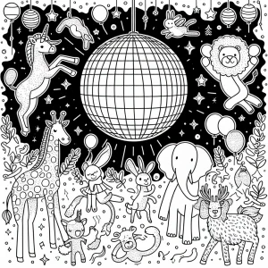 Página para colorear de animales bailando bajo bola de discoteca en una fiesta divertida