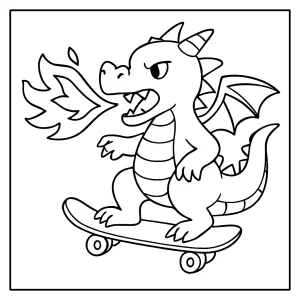 Dragón en monopatín lanzando fuego, página para colorear para imprimir gratis