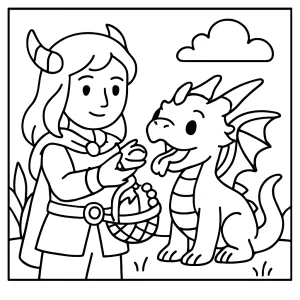 Página para colorear de un domador de dragones alimentando a un dragón bebé con fruta dragón