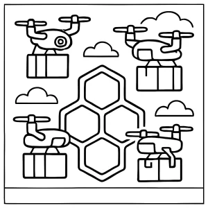 Página para colorear de una colmena de drones de carga futurista lista para imprimir y colorear