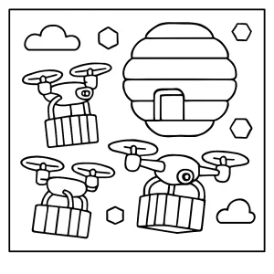 Página para colorear de colmena de drones transportistas en un mundo futurista