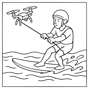 Page de coloriage d'un athlète faisant du drone-surf sur l'eau, tiré par un drone de course