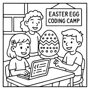 Página para colorear de niños programando patrones en huevos LED durante un campamento de Pascua
