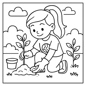 Página para colorear de una niña eco-guerrera plantando árboles, ideal para imprimir y colorear gratis