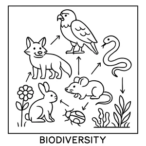 Página para colorear de red alimenticia educativa que muestra la biodiversidad con animales, plantas e insectos para imprimir y colorear gratis