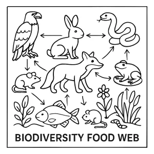 Página para colorear de red alimenticia y biodiversidad educativa para niños