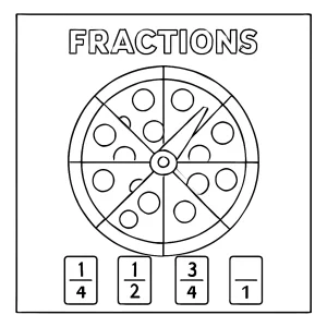 Página para colorear de una pizza de fracciones con ruleta educativa para niños