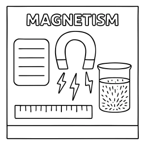 Página para colorear educativa de experimento de magnetismo en laboratorio para imprimir gratis