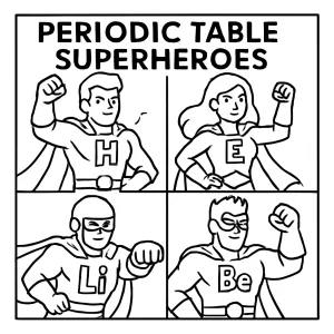 Página para colorear de superhéroes inspirados en los elementos de la tabla periódica
