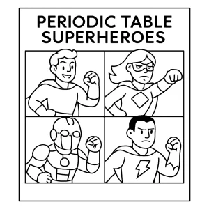 Página para colorear de superhéroes inspirados en los elementos de la tabla periódica, ideal para niños y actividades educativas.
