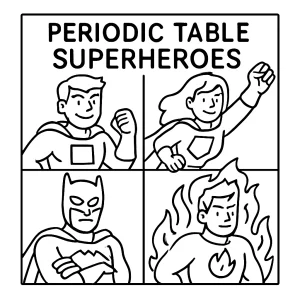Página para colorear de superhéroes de la tabla periódica, ideal para aprender química de forma divertida