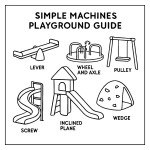 Página para colorear de guía de máquinas simples en un parque infantil con columpios, tobogán y balancines